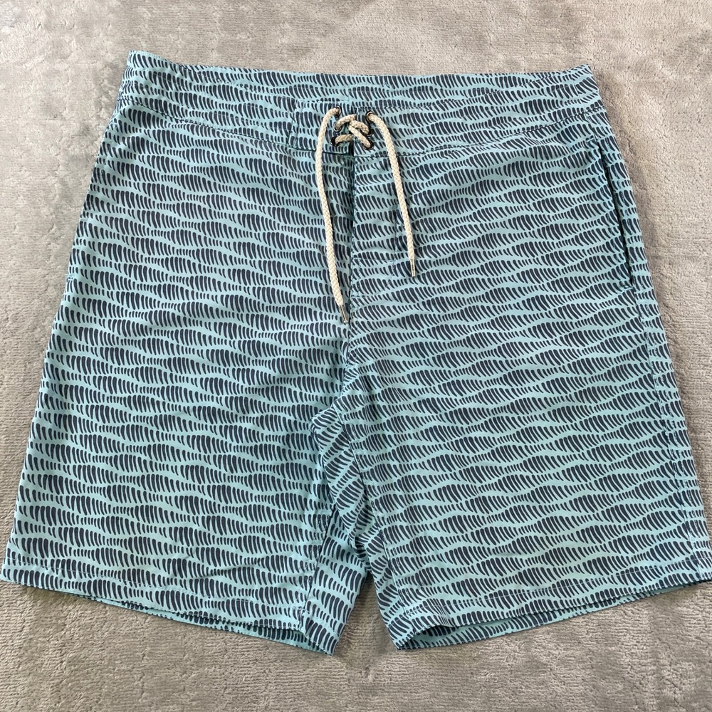 Faherty Beacon Trunk Board Shorts Mens 34 Light Blue Geometric Summer Beach